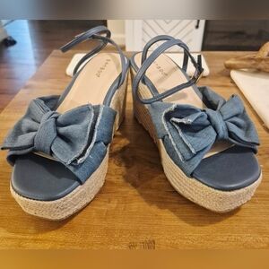 Bamboo Blue Denim Bow Espadrille Wedge Sandals